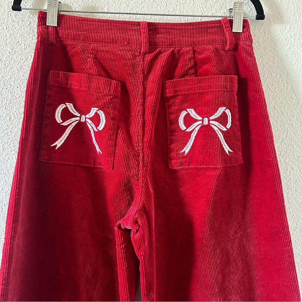 Main Strip Cutesy Artsy Coquette Embroidered Bow Corduroy Wide Pants Women’s M